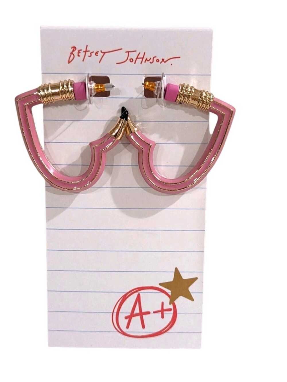 BETSEY JOHNSON Best In Class Pink Heart Pencil  Huggie Earrings, NEW WITH TAGS
